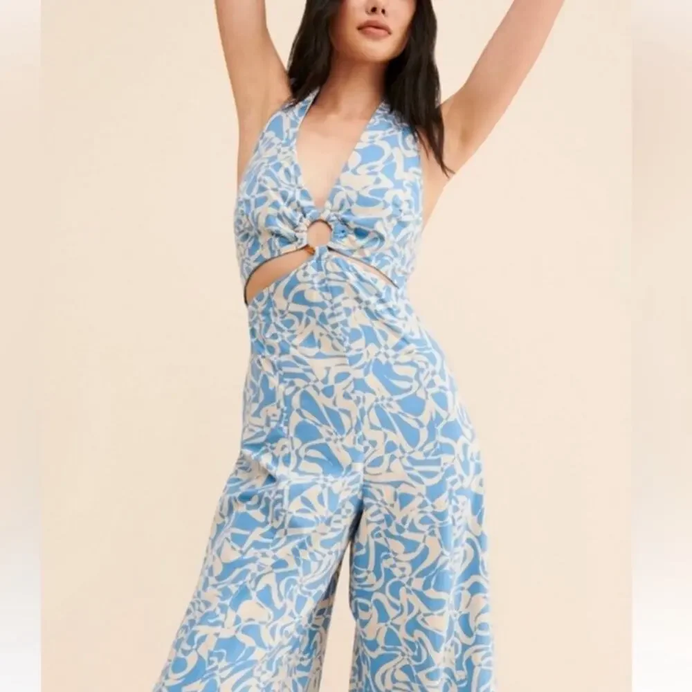 Free People FP Women’s Kira Halter Neck Wide Leg Jumpsuit Blue White Print
